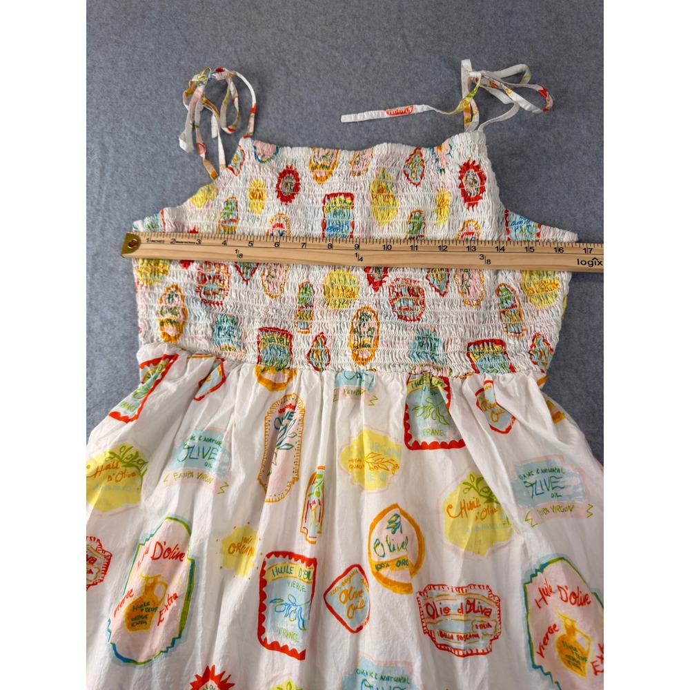 Cynthia Rowley Olive Oil Label Print Smocked Midi Dress White Large Tie Strap - Picture 5 of 11